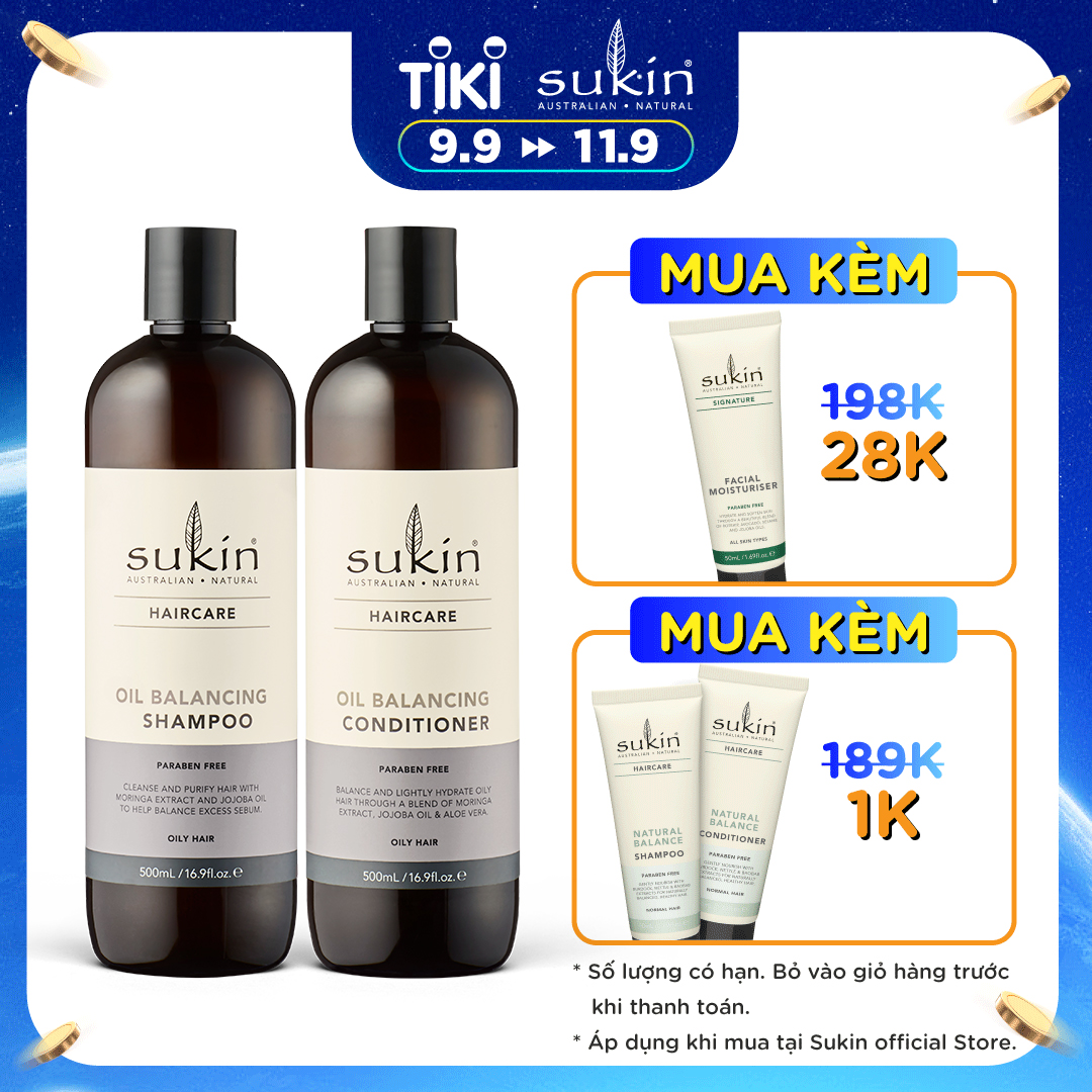 Combo gội xả cân bằng dầu Sukin Oil Balancing Shampoo 500ml &amp; Sukin Oil Balancing Conditioner 500ml