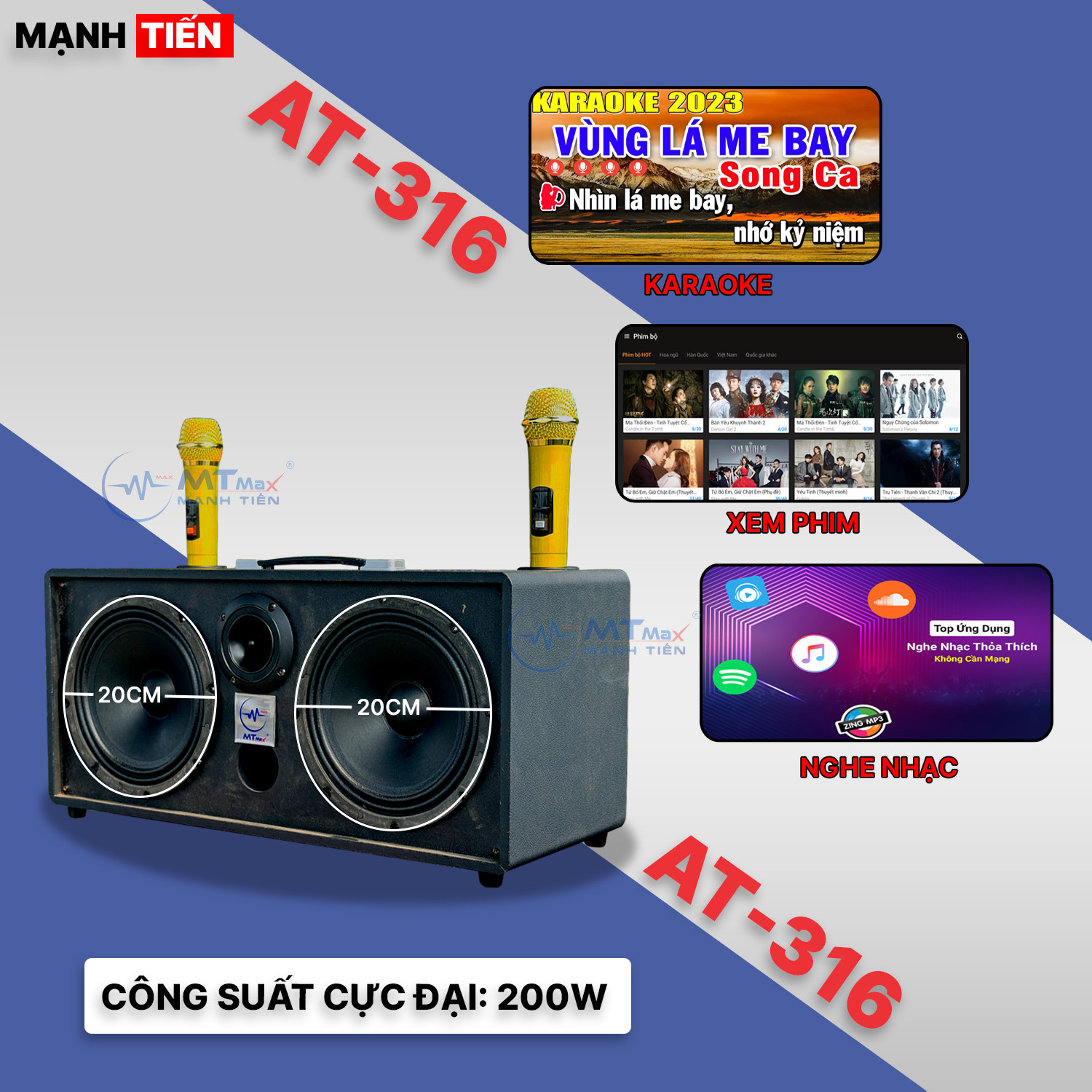 Loa Xách Tay 2 Đường Tiếng AT-316 Pro - Công Suất Lớn 200W, Bass Trầm 20cm. Bluetooth 5.0 Tốc Độ Cao, Đi Kèm 2 Micro Không Dây Đa Năng Hàng Chính Hãng