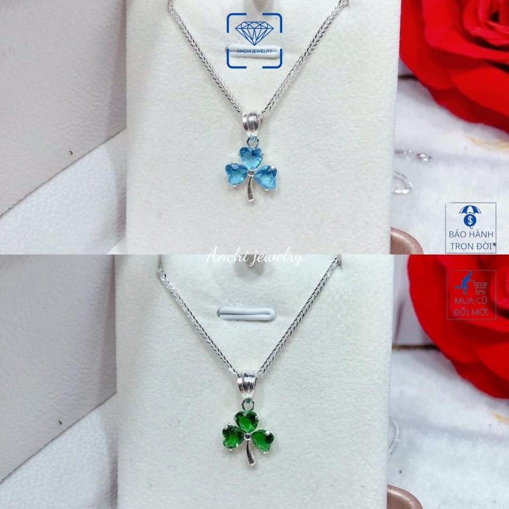 Dây chuyền nữ cỏ 3 lá đính đá nữ bạc thật đeo không đen màu đỏ xanh tím trắng - Anchi jewelry , quà 8 3