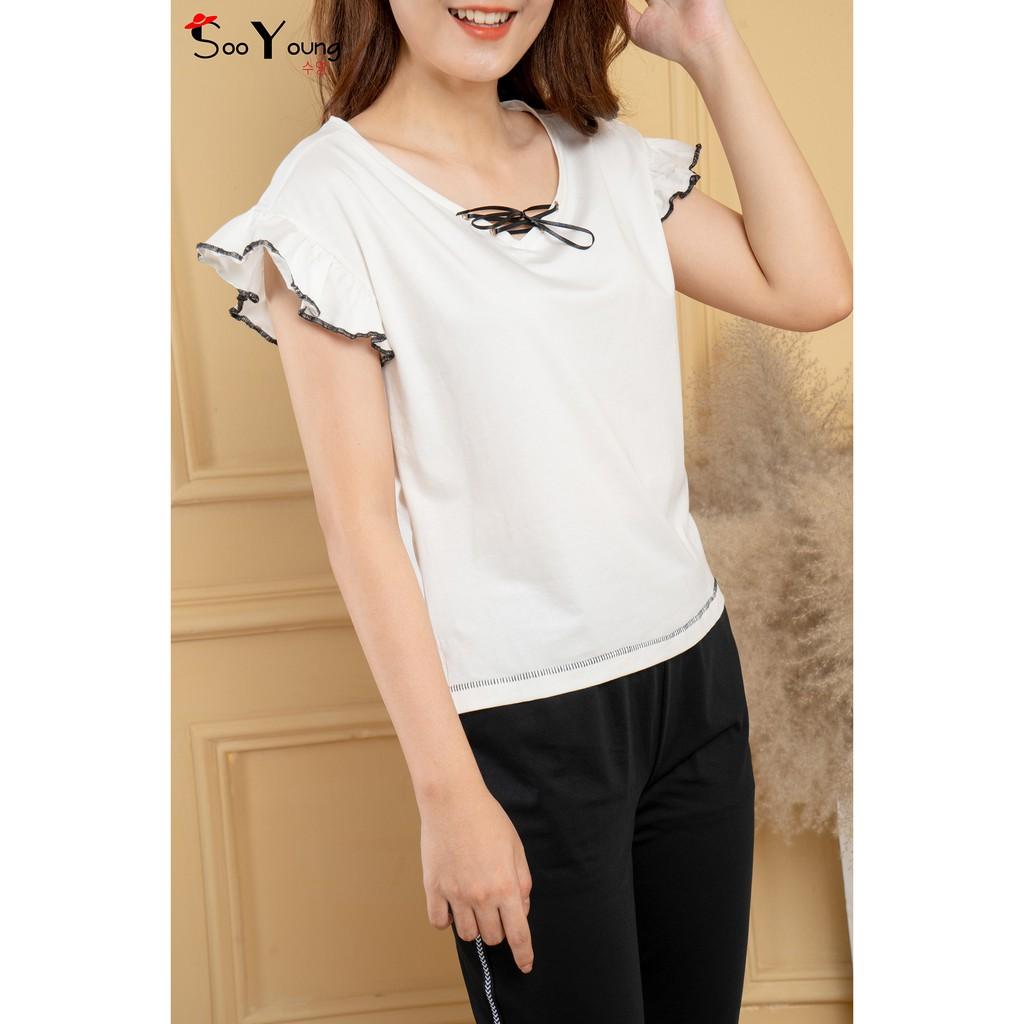 Bộ thun cotton bèo vai cổ tim đan chéotay cánh tiên- Sooyoung