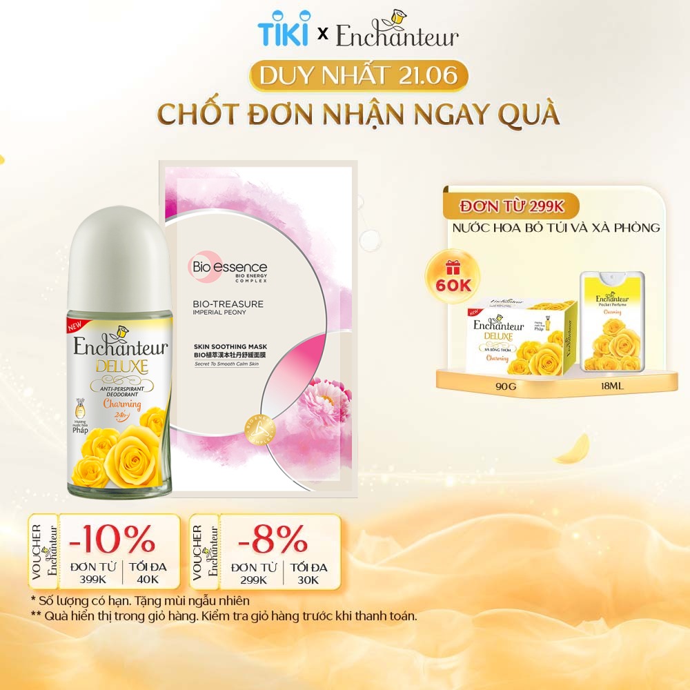 [Mua 1 Tặng 1] Lăn khử mùi nước hoa Enchanteur Charming 50ml+ Tặng mặt nạ mẫu đơn hoàng cung bio-essence 20ml