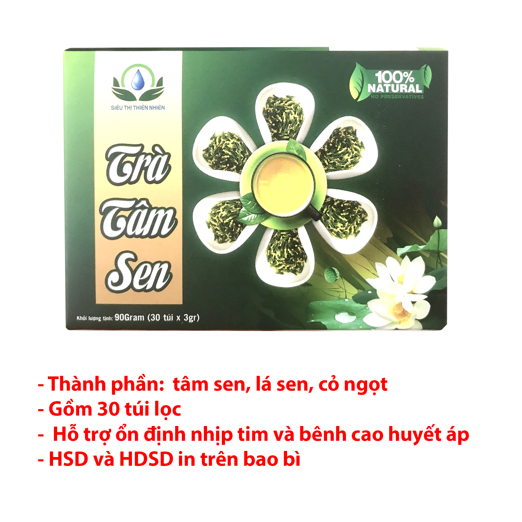 Đặc Sản Đồng Tháp - Trà tâm sen túi lọc Mộc sắc hỗ trợ mất ngủ hộp 30 túi lọc 3gram, Tim sen Siêu thị thiên nhiên - OCOP 4 SAO