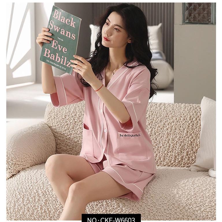 Bộ Pyjama Nữ Phối Viền Caro Dễ Thương, Set Ngủ Nữ Cộc Tay Ống Rộng 3 Màu Hàng Đẹp Cao Cấp