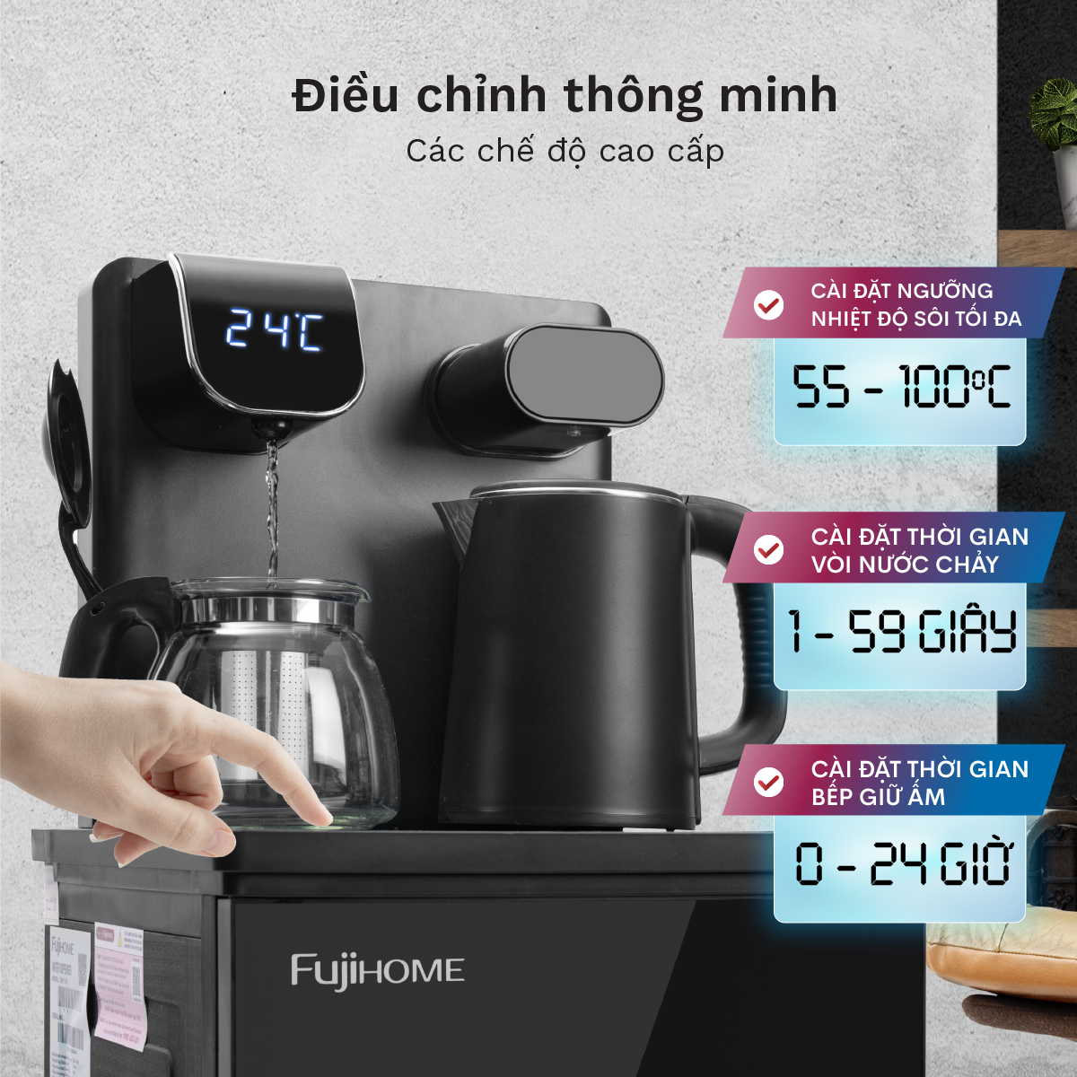 Cây nước nóng lạnh bàn trà Fujihome TB110E nhập khẩu, máy nước nóng lạnh bình âm điều khiển từ xa mini,điều chỉnh nhiệt độ nước - Hàng chính hãng