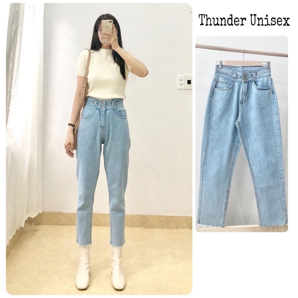 Quần Jean Nữ Dáng Baggy Cạp Lưng Cao Trơn Chất Bò Dày Dặn Màu Xanh Nhạt Sáng ThunderUniex Phong Cách Hàn Quốc Ulzzang