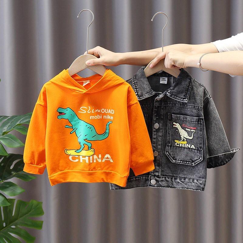 Set áo jean nỉ mũ khủng long cho bé