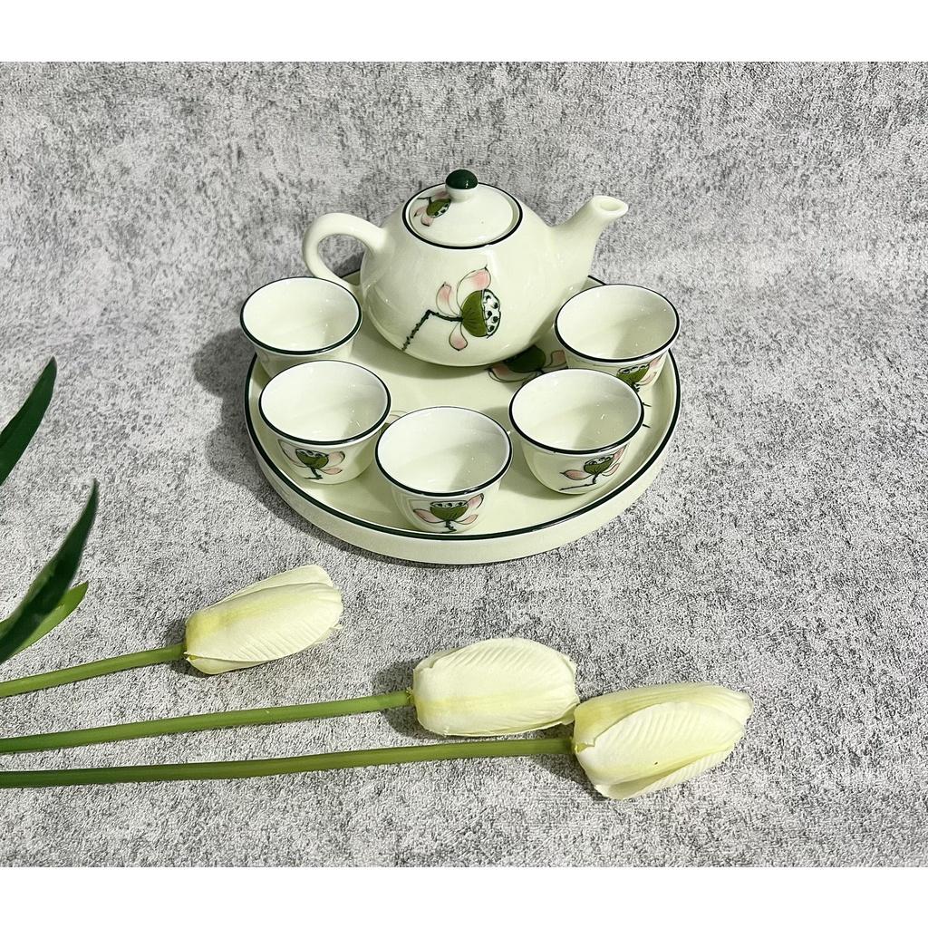 Bộ bát đĩa thắp hương hoa mặt trời men kem vẽ đài sen gốm Bát Tràng chính hãng Gốm Thiên Long 236625