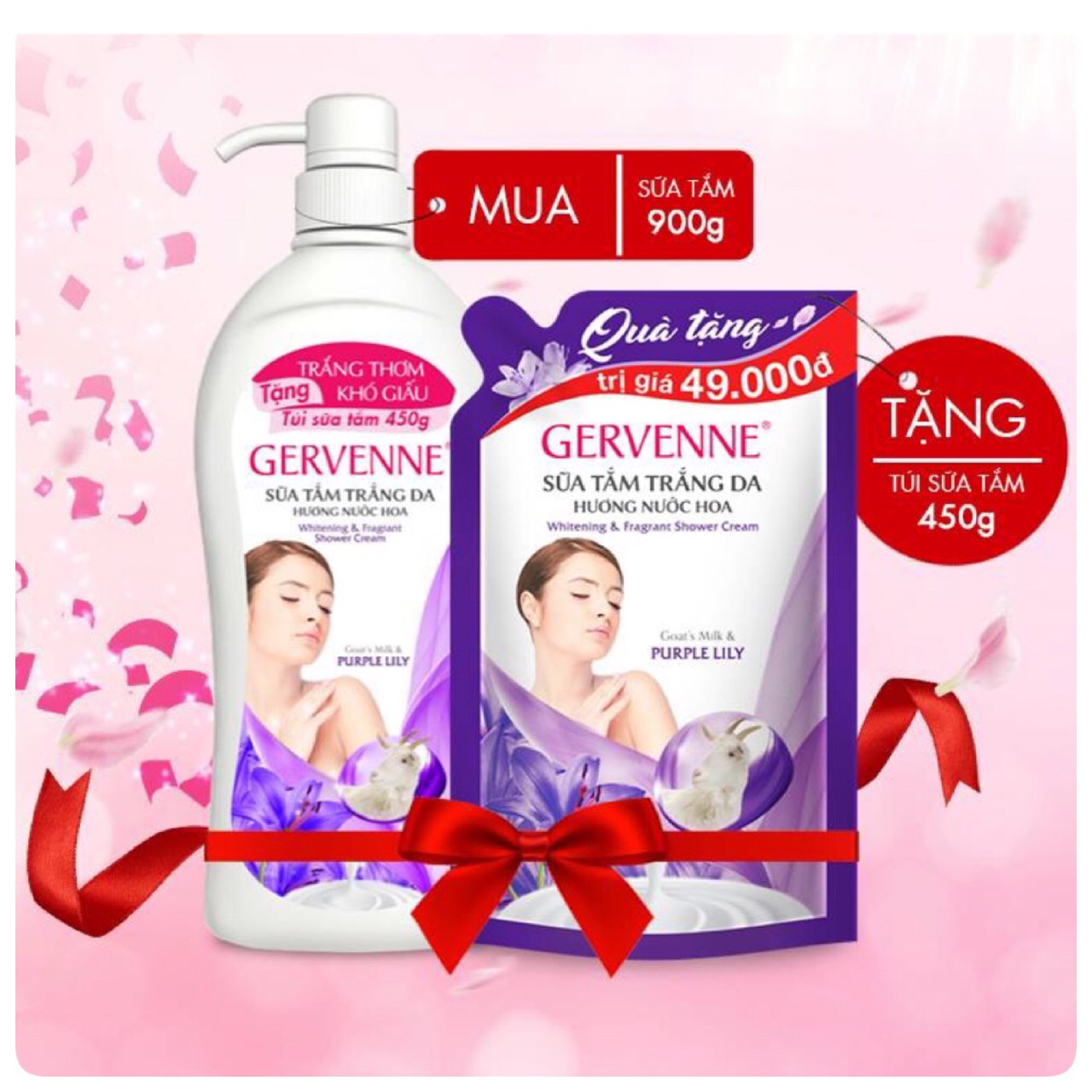 Gervenne Sữa tắm trắng da hương nước hoa Goas't Milk &amp; Purple Lily 900ml+Tặng túi sữa tắm 450g