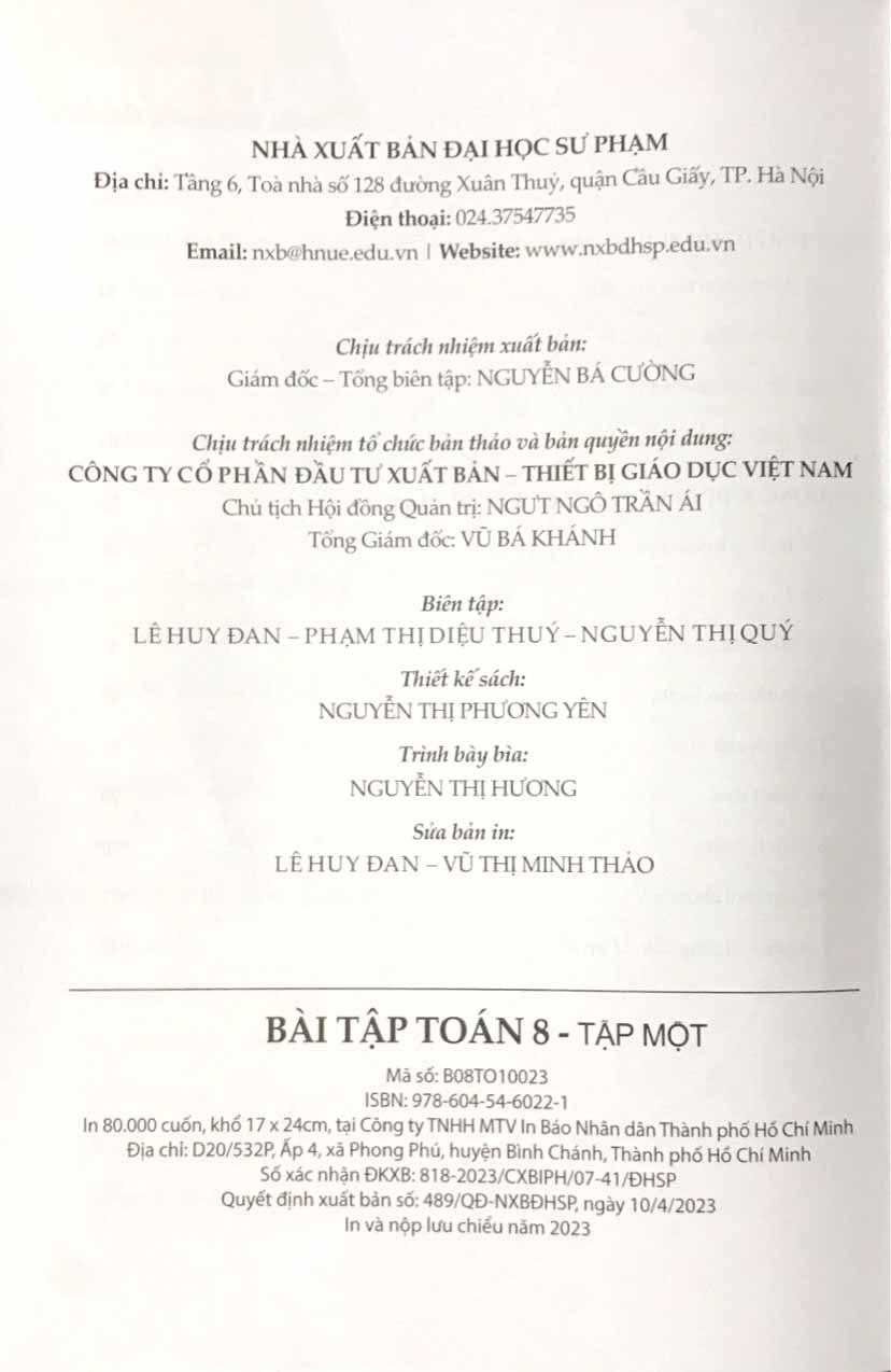 Sách Giáo Khoa Bài Tập Toán 8 - Tập 1 (Cánh Diều) (Chuẩn)