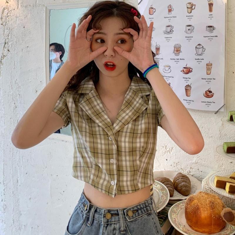 Áo sơ mi nữ họa tiết sọc caro phong cách Hàn Quốc tay ngắn