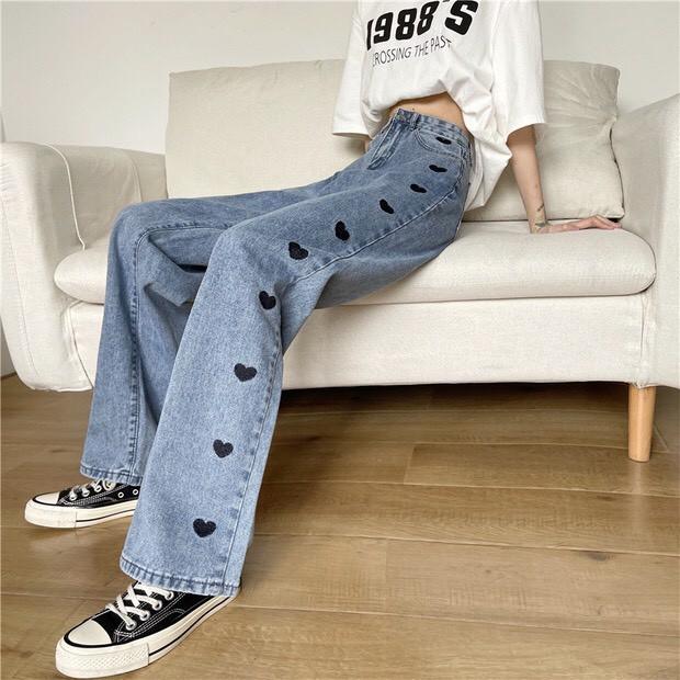 Quần Jeans Ống Rộng In Trái Tim Dọc - Quần Ống Rộng Nữ Dáng Suông Lưng Cao Ulzzang Q45