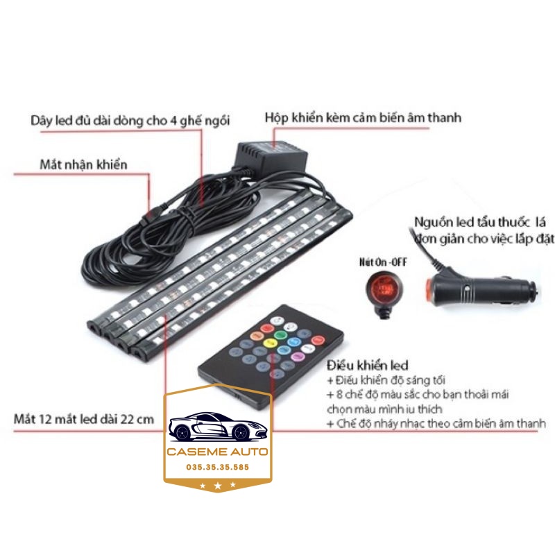 Đèn Led Gầm Nội Thất Ô Tô Nháy Theo Nhạc, Gồm 4 Thanh 22Cm 12 Bóng Led - Hàng Chính Hãng