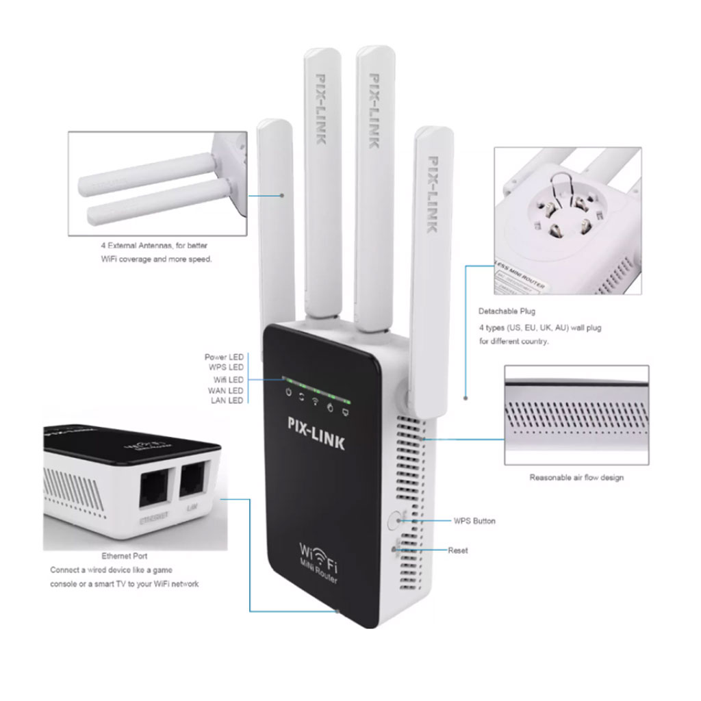 Kích sóng wifi tốc độ cao 4 râu 300M PIX LINK LV-WR09 thiết bị kích sóng phủ rộng giải pháp cho mạng yếu, kết nối đến 50M cực nhanh, cài đặt dễ dàng - Hàng chính hãng