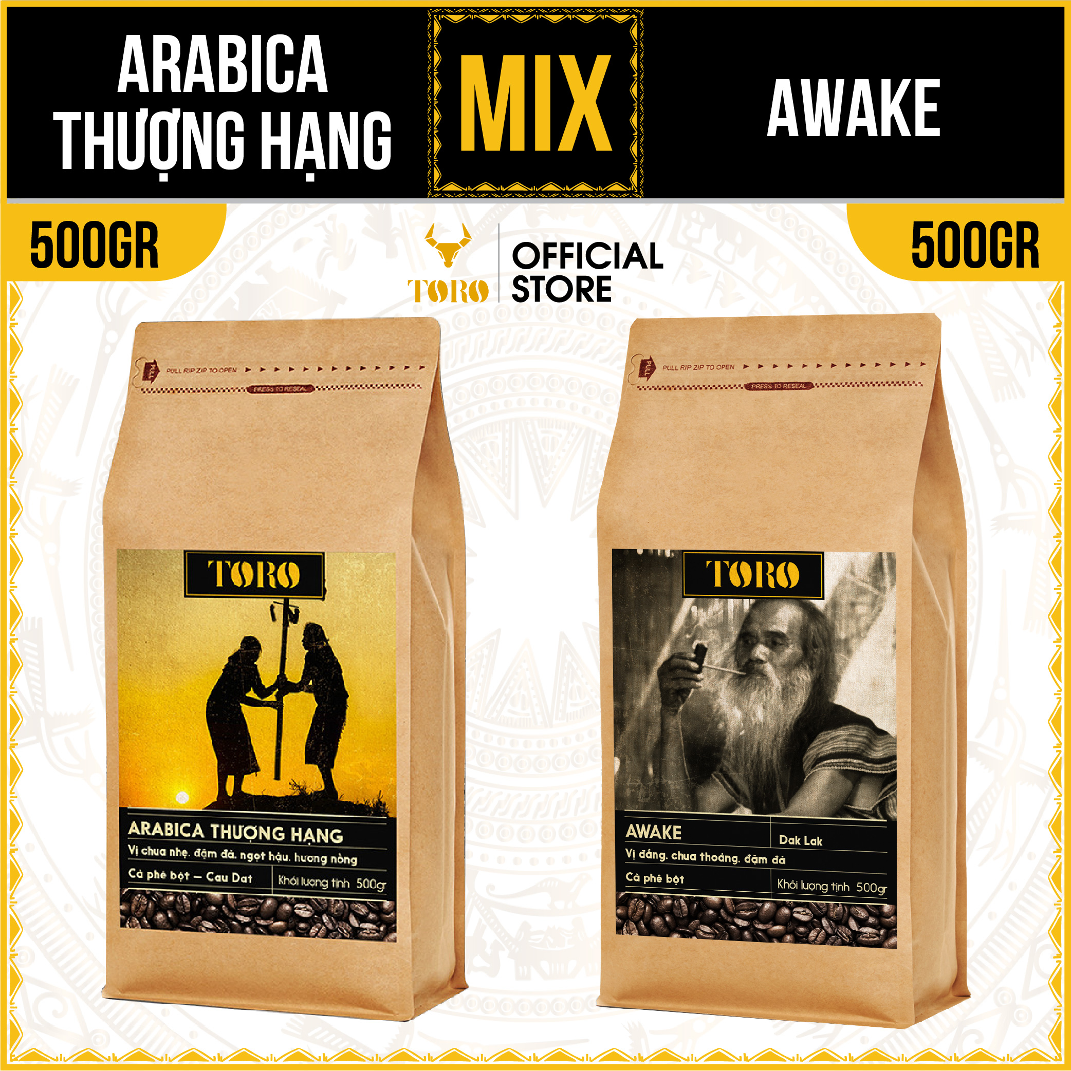 [1KG] Bộ Mix Cà Phê Bột Toro Arabica Thượng Hạng &amp; Toro Awake Nguyên Chất 100% | 500GR/Gói | TORO FARM