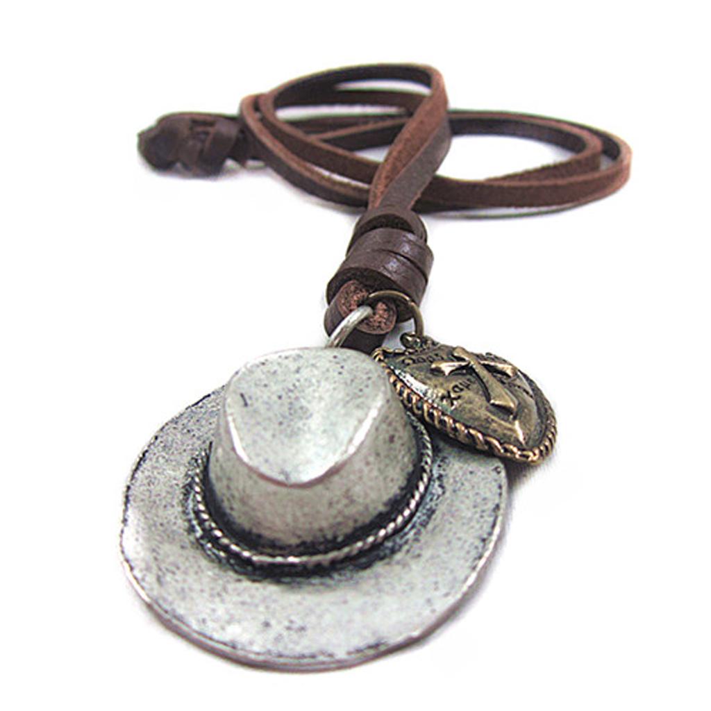 Mens Vintage Cowboy Hat Cross Heart Charm Pendant Leather Cord Necklace Punk