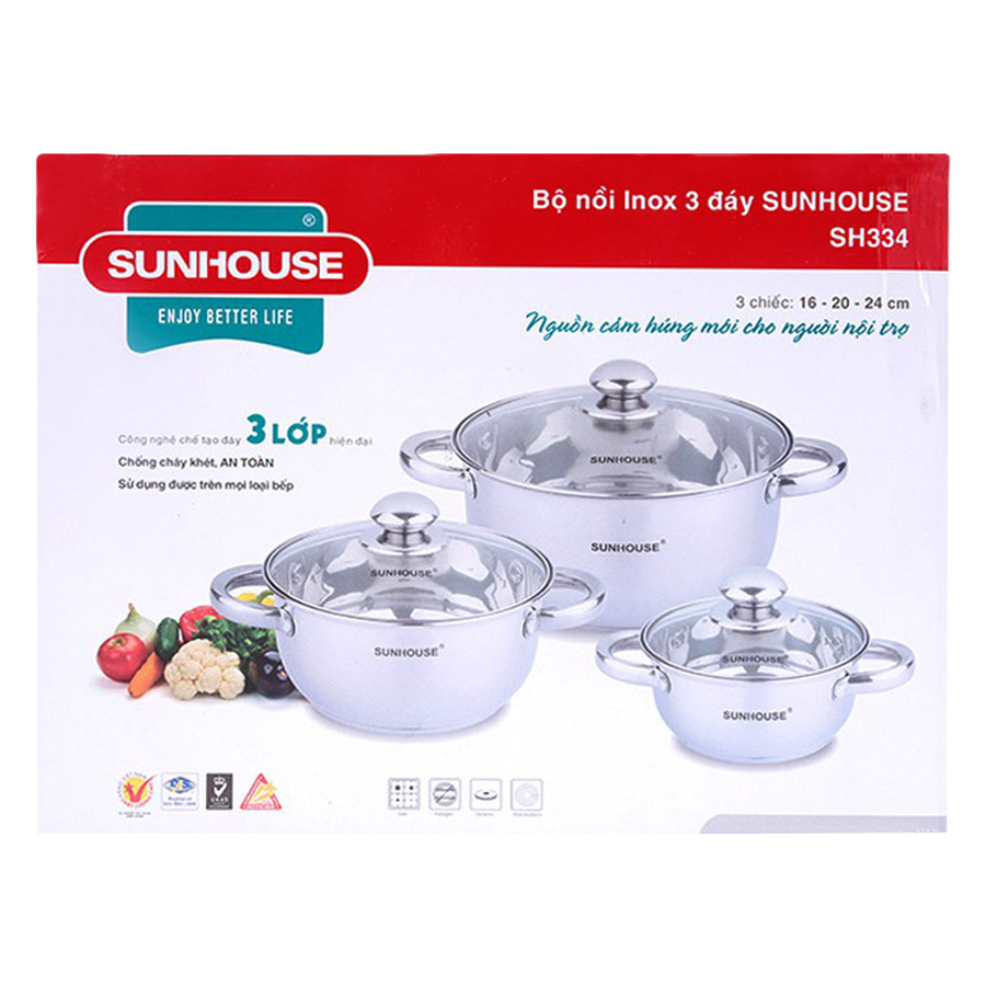 Bộ Nồi Inox 3 Đáy Sunhouse SH334