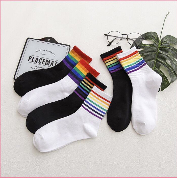 Set 3 đôi tất cổ cao thời trang 7 sắc cầu vồng hottren