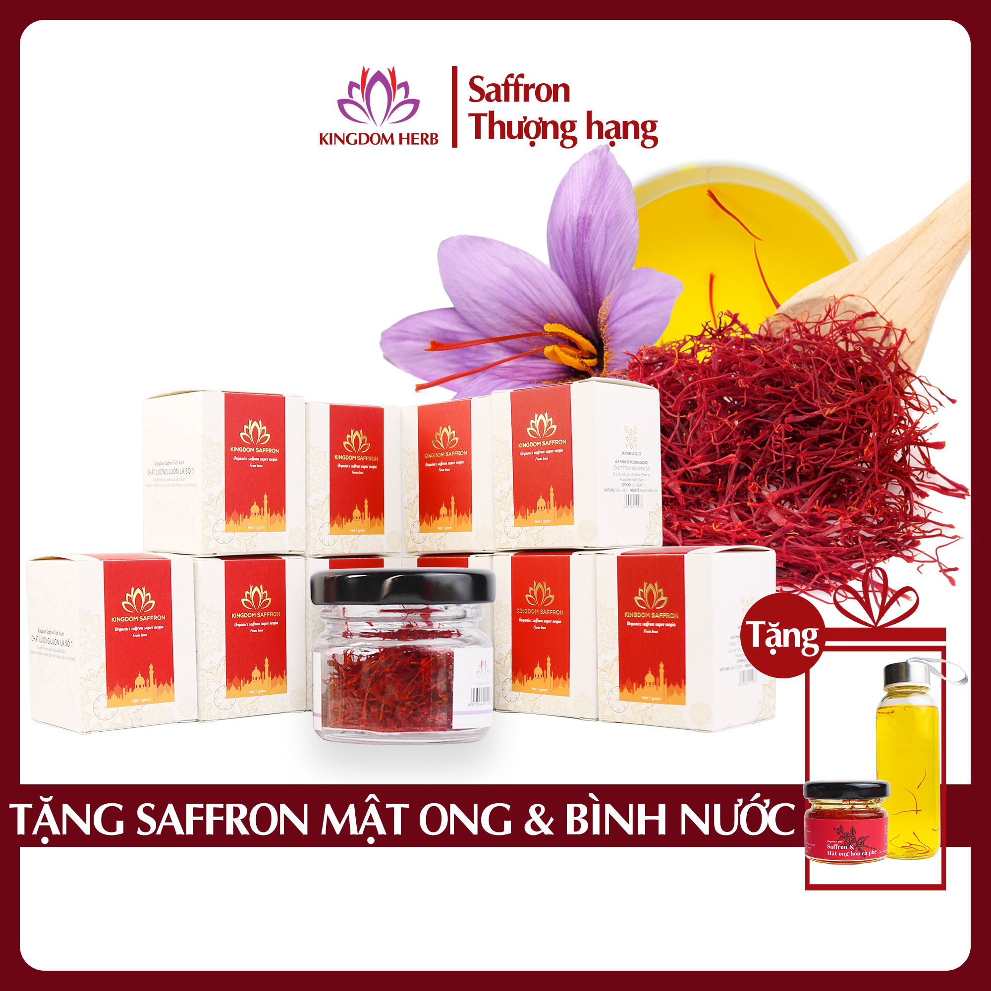 Combo 10 hộp (hộp/1gr) saffron Kingdom Herb, nhụy hoa nghệ tây Iran chính hãng super negin thượng hạng - Tặng 1 hộp saffron mật ong thượng hạng 40g và 1 bình nước thủy tinh cao cấp 500 ml