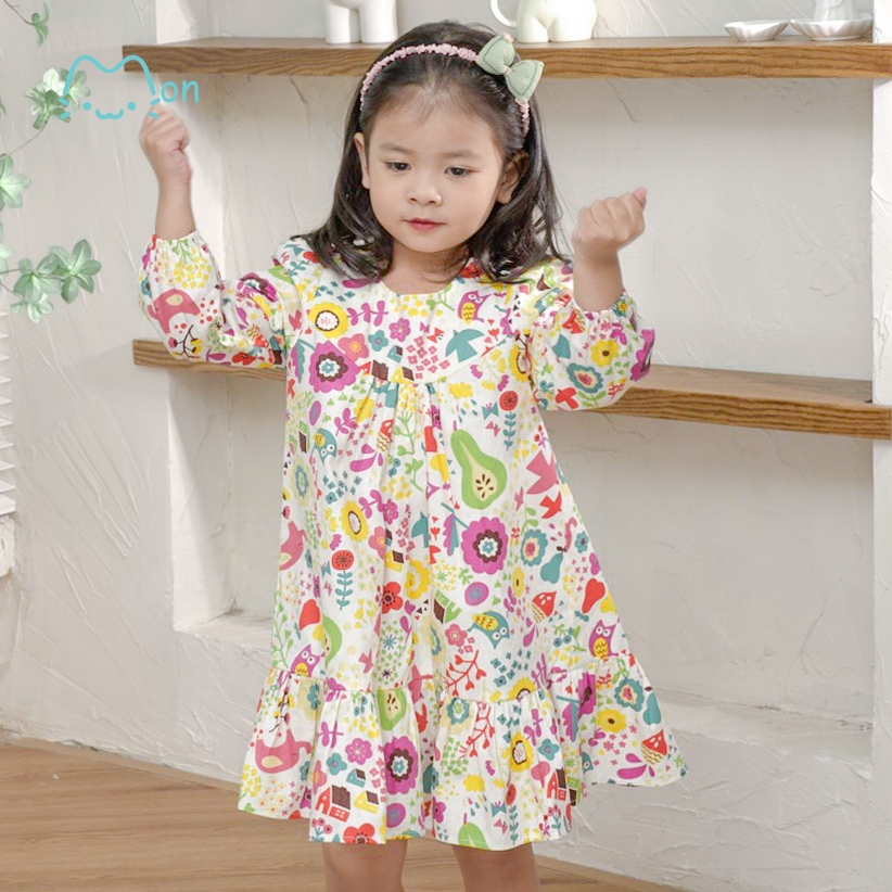 Váy babydoll dài tay thu đông họa tiết đáng yêu cho bé VDG22W05