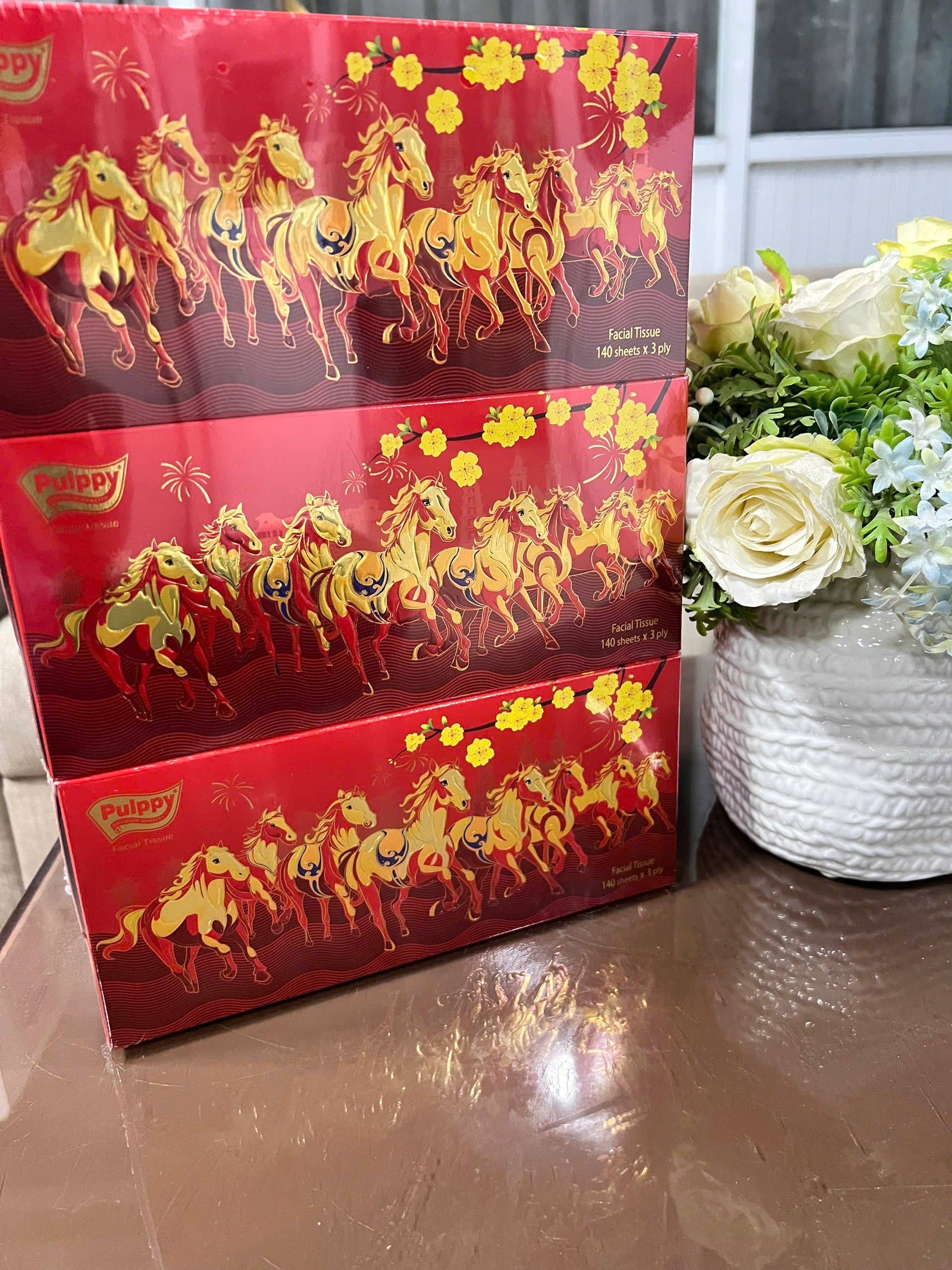 [Mua 3 Hộp Tặng Silicon Rửa Mặt] Pulppy Hộp Khăn Giấy Tết Bính Ngọ 3 Lớp Siêu Dày Dai Đỏ May Mắn 2026