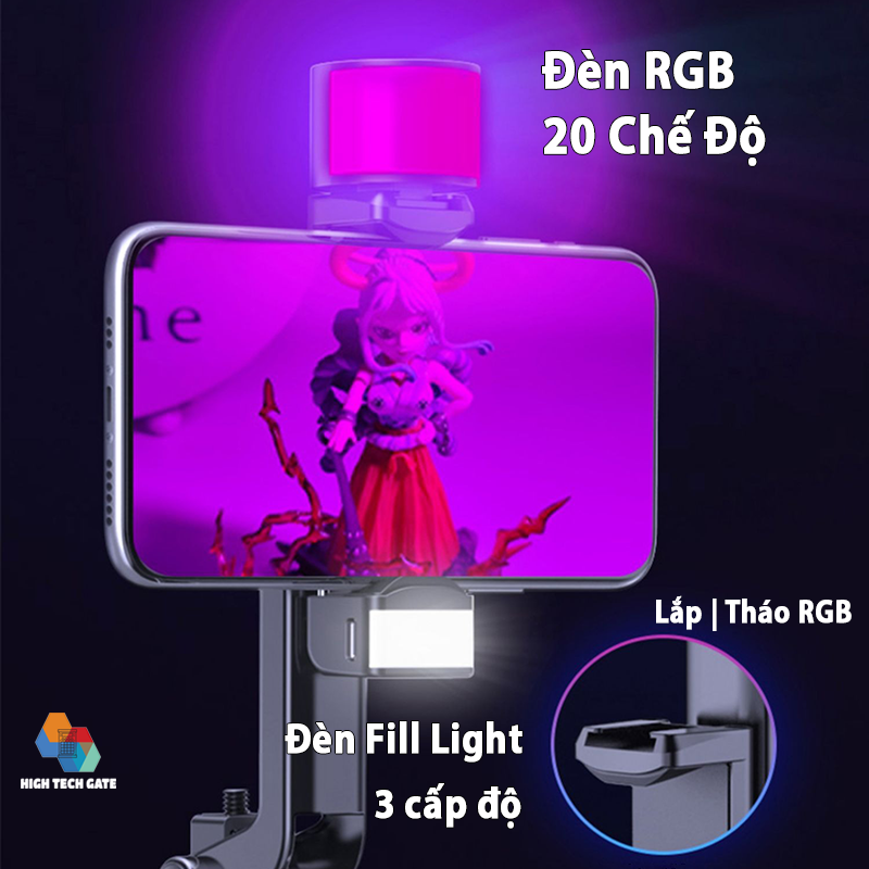 Đèn phụ chiếu sáng RGB 20 cấp độ phụ kiện cho gậy chụp hình dùng pin sạc cổng Type C, 3 cấp độ sáng trắng và 20 chế độ đèn màu đa chức năng