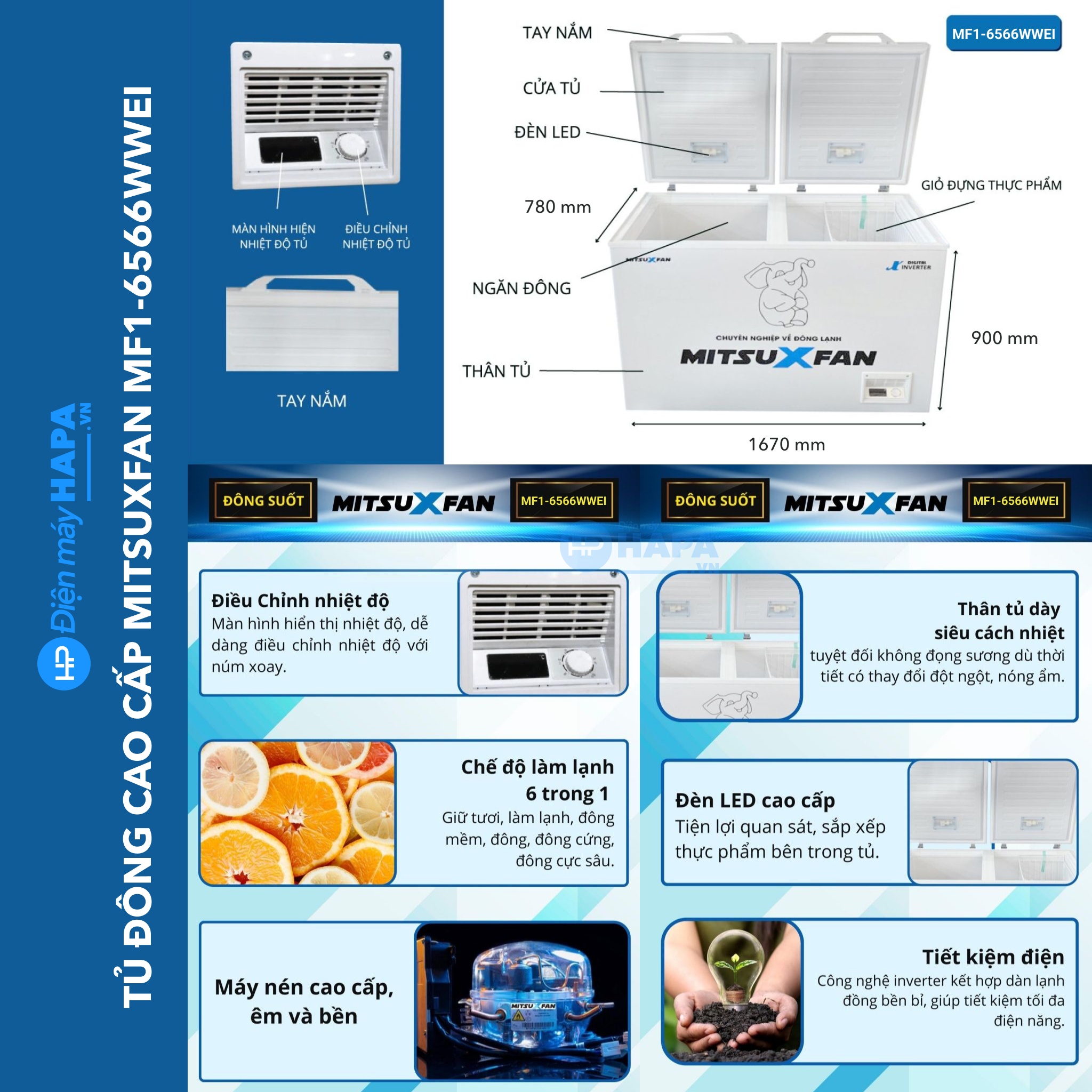 Tủ Đông Cao Cấp MITSUXFAN MF1-6566WWEI Inverter 650 Lít, 01 Ngăn, Tủ Cấp Đông Tiêu Chuẩn Châu Âu - Hàng Chính Hãng