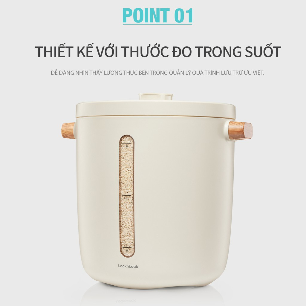 Thùng đựng gạo 7L LocknLock Vacuum Rice Keeper EJR973WHT, Hàng chính hãng, tự động hút chân không, sạc không dây - JoyMall