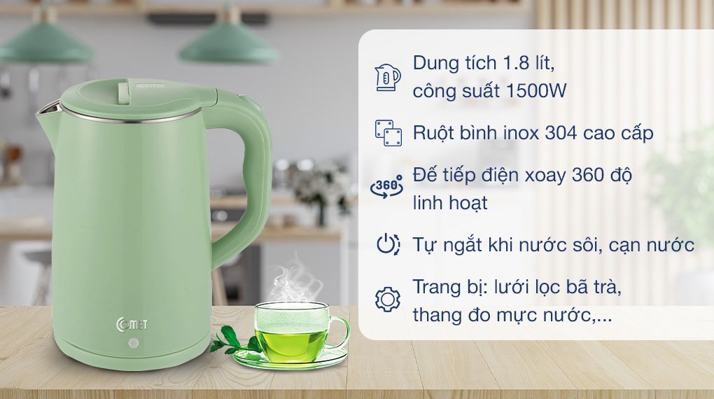 Bình đun siêu tốc Comet CM8218 – Hàng chính hãng - Inox 304 chống gỉ, dung tích 1.8L, công suất 1500W – Tự ngắt an toàn, thiết kế sang trọng