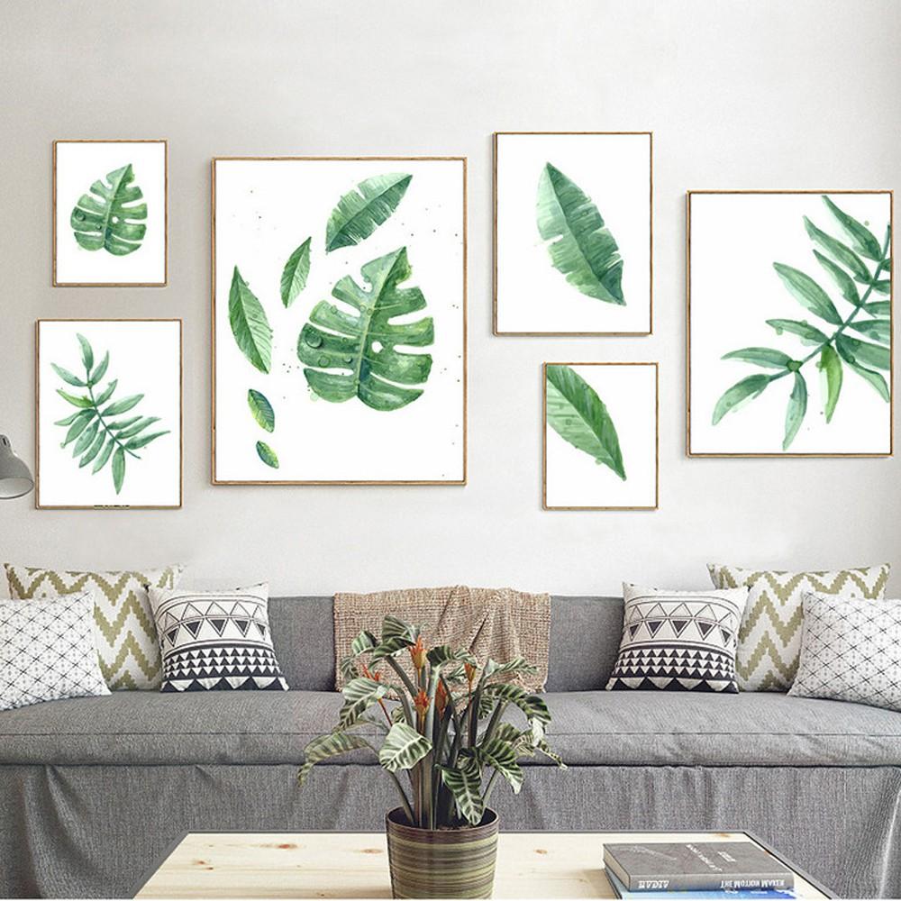 Tranh canvas kèm khung tranh treo tường lá cây màu nước