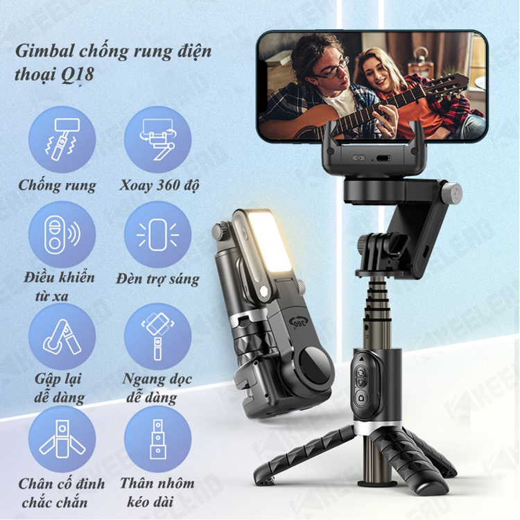 Gimbal Q18 - Gymbal điện thoại quay phim chống rung - Gậy selfie kéo dài - Gậy gimball chống rung cho điện thoại giá rẻ có đèn Led, xoay 360 độ - Hàng Chính Hãng