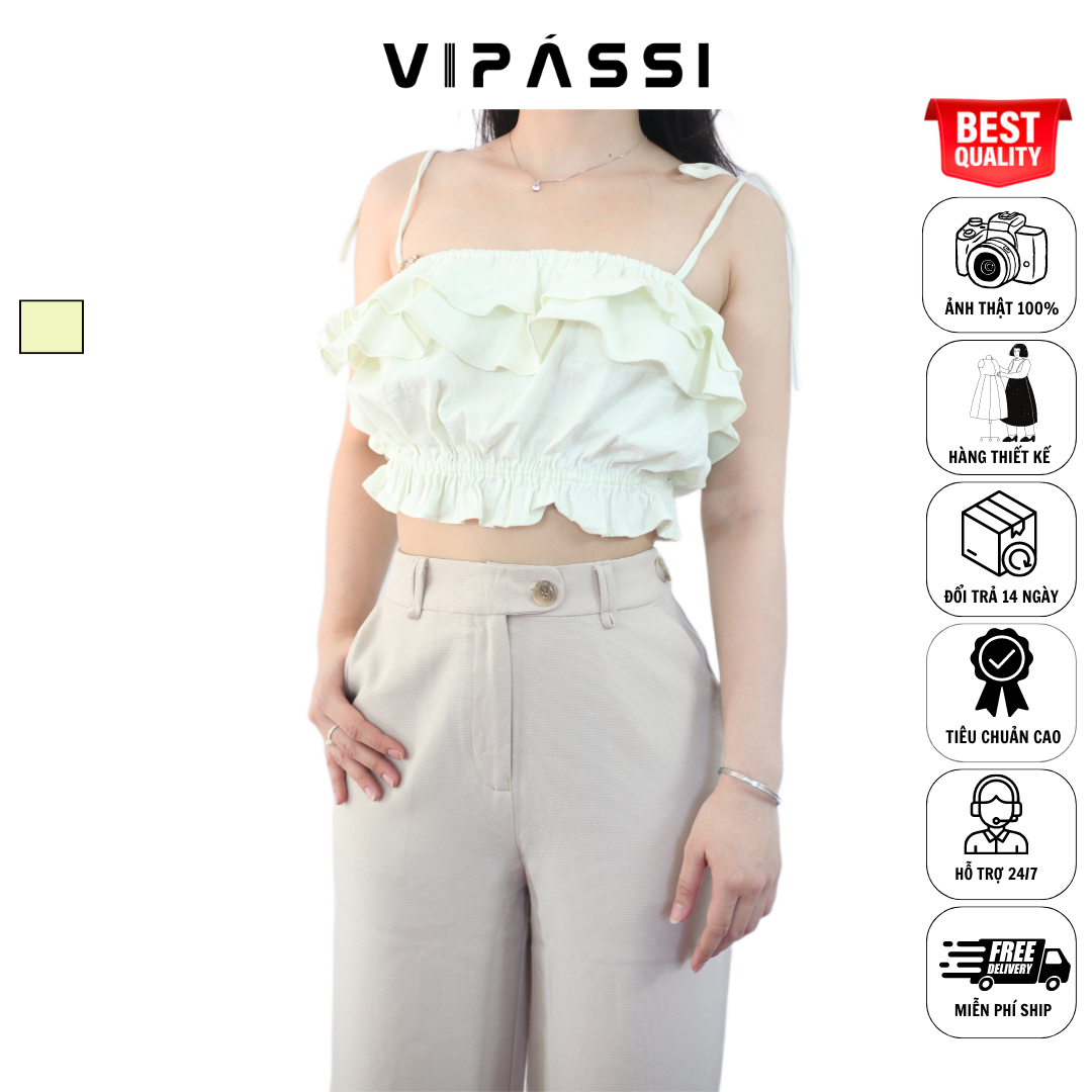VIPÁSSI - Áo Hai Dây Linen Nhún Phối Bèo 2 Tầng Xanh Nhạt Ngắn Bo Thun Eo