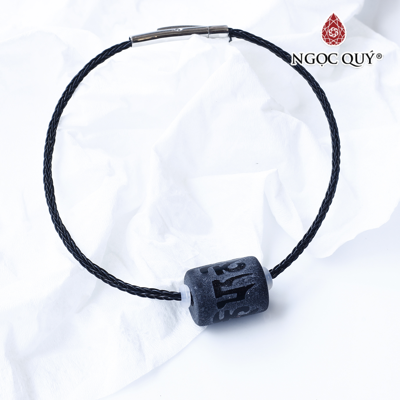 Vòng dây thép đá obsidian khắc lục tự minh chú mệnh thủy , kim - Ngọc Quý Gemstones