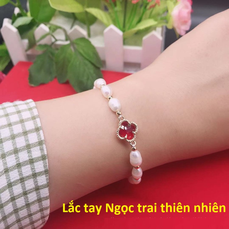Combo lắc tay cỏ bốn lá nữ, chất liệu Ngọc Trai thật, cấu trúc vân tay, Màu Trắng Ngà, hạt bầu dục 6li, kèm Giấy kiểm định sản phẩm mẫu tại SJC, Kèm hộp đựng Hoa Hồng – Mẫu Luxi green – CownX.02