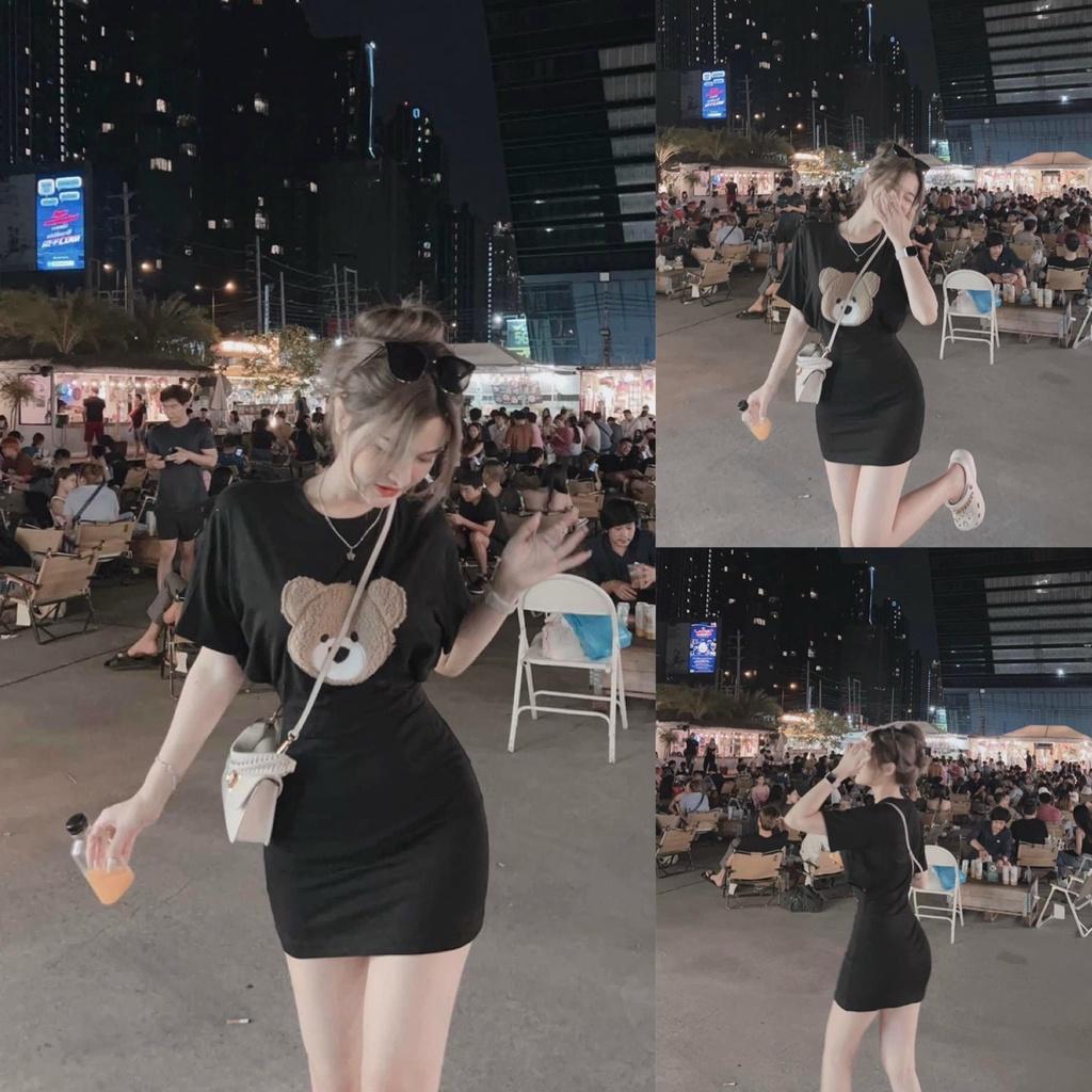 Đầm váy nữ body họa tiết gấu thêu cute dành cho các nàng đi chơi, dạo phố siêu xinh