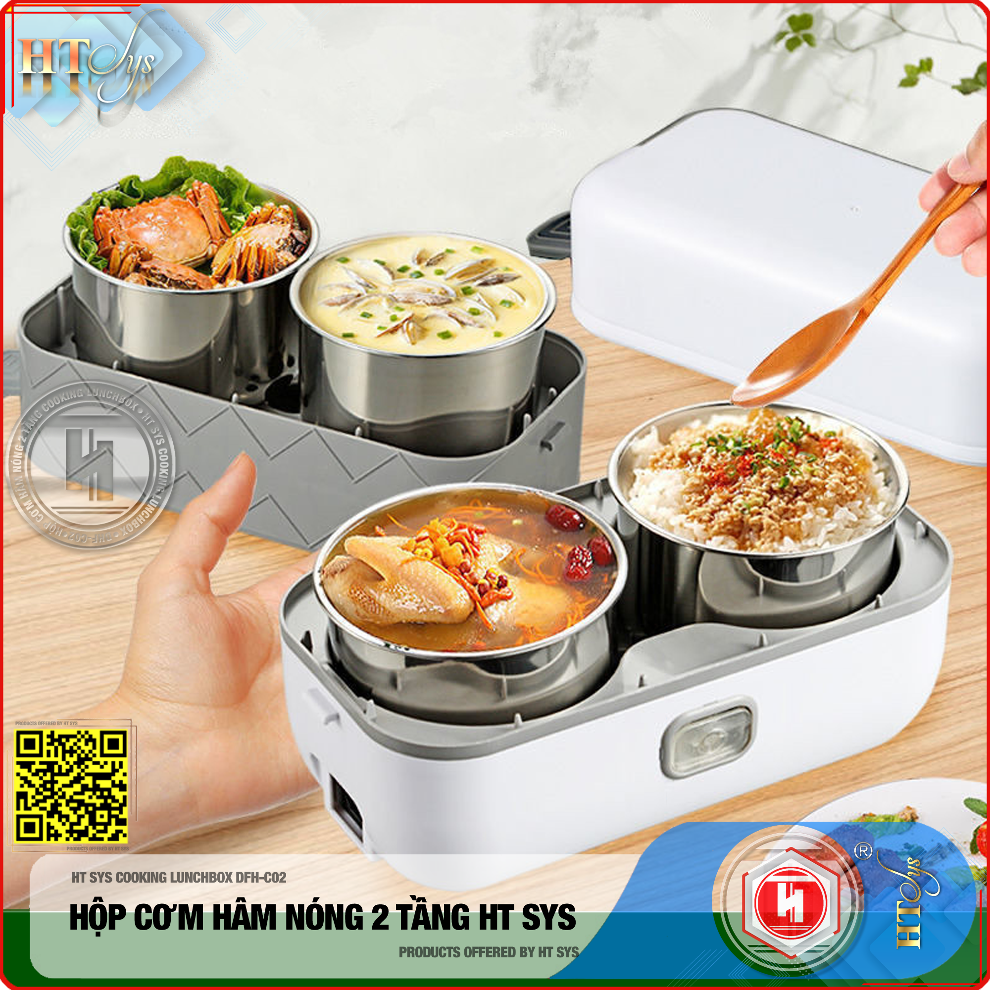 Hộp Cơm Hâm Nóng Cắm Điện HT SYS  - COOKING LUNCHBOX DFH C02 - Hộp Cơm Cắm Điện Có Thể Nấu Chín Và Hâm Nóng Thức Ăn - 2 lít,4 Ngăn - Ruột Bằng Inox SUS304 Cao Cấp - Hàng Nhập Khẩu 