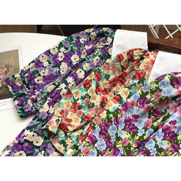Đầm Hoa Nhí Cổ Lá Vintage Xòe Nhẹ Cực Trend