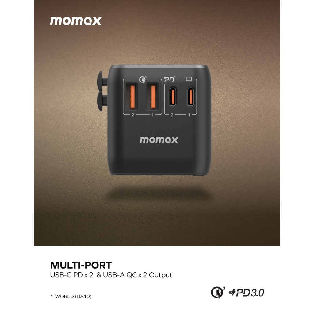 Bộ sạc du lịch Sothing Momax UA10 1-World 100W GaN 4 Ports + AC 100-250V 2500W, sạc nhanh, phù hợp với ổ cắm hơn 200 quốc gia- Hàng chính hãng