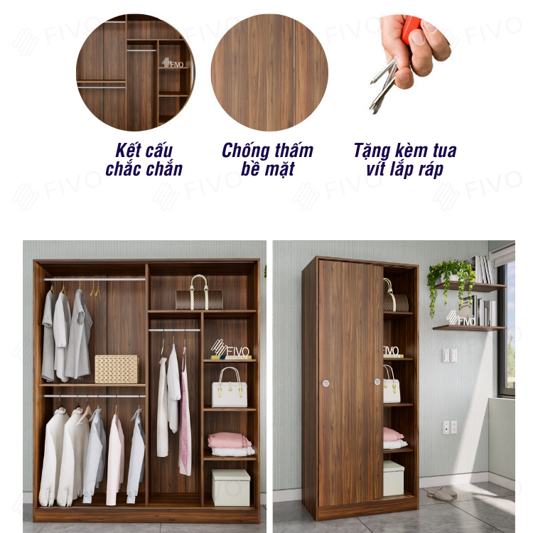 Tủ Áo Quần Cửa Lùa Sang Trọng Gỗ MDF Lõi Xanh Chống Ẩm FC31 FIVO Màu Walnut Ấm Cúng Cho Phòng Ngủ, Thiết Kế Rộng Rãi