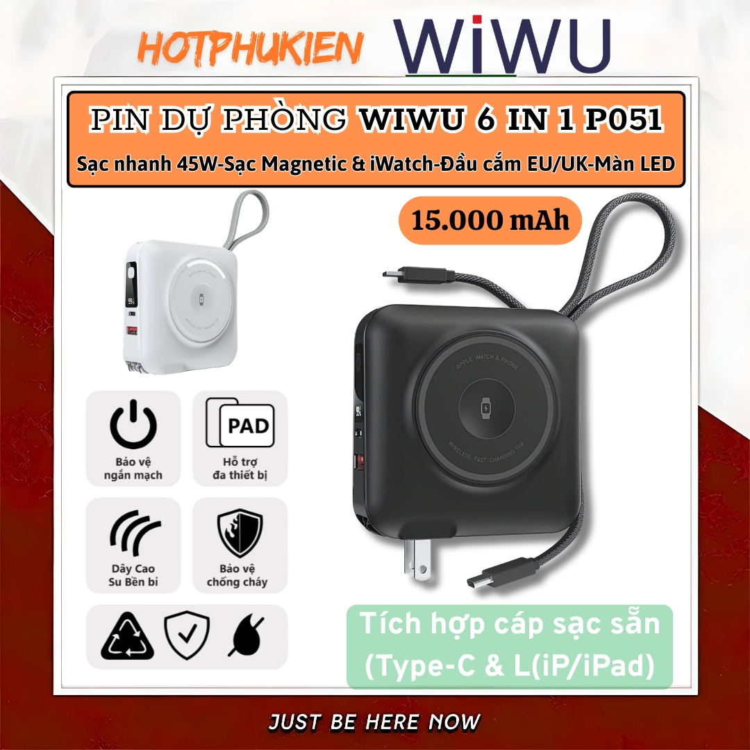 Pin sạc dự phòng kiêm củ sạc nhanh 45W kèm dây sạc Type-C / L (iP/iPad) và Sạc Không Dây từ tính Magnetic, Pin 15000mAh, Jack cắm EU/UK hiệu WIWU 6 in 1 All-Round - Hỗ trợ sạc cho iPhone / iPad / Macbook / Laptop, đạt chuẩn hàng không - hàng nhập khẩu