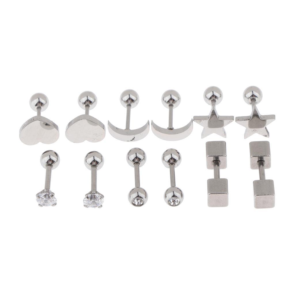 2X 6 Pairs Stainless Steel Ball Screw Back Earrings Star Heart Moon Stud Silver