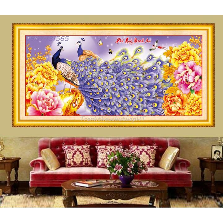 Tranh đính đá đôi chim công Phú quý bình an 115*52cm