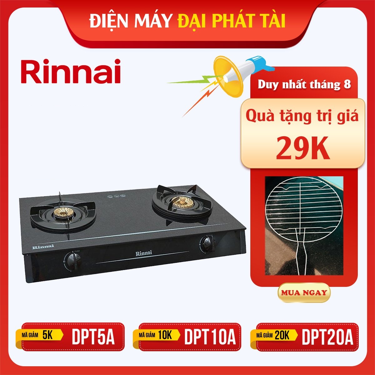 Bếp Ga Dương Đôi Rinnai RV-6Double Glass - Đen- Hãng chính hãng