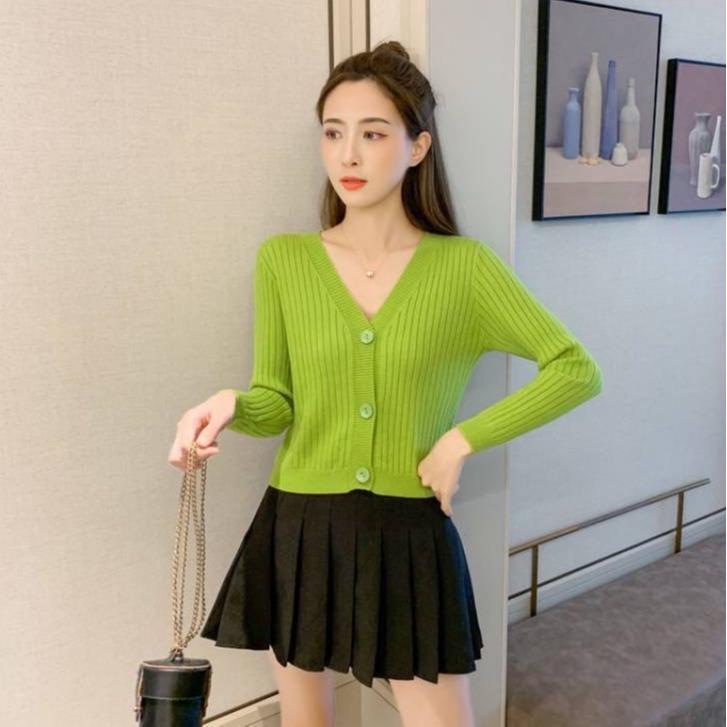 Áo khoác cardigan len dệt kim nữ kiểu cổ tim tay dài chất len gân phong cách Ulzzang Hàn Quốc trẻ trung phong cách