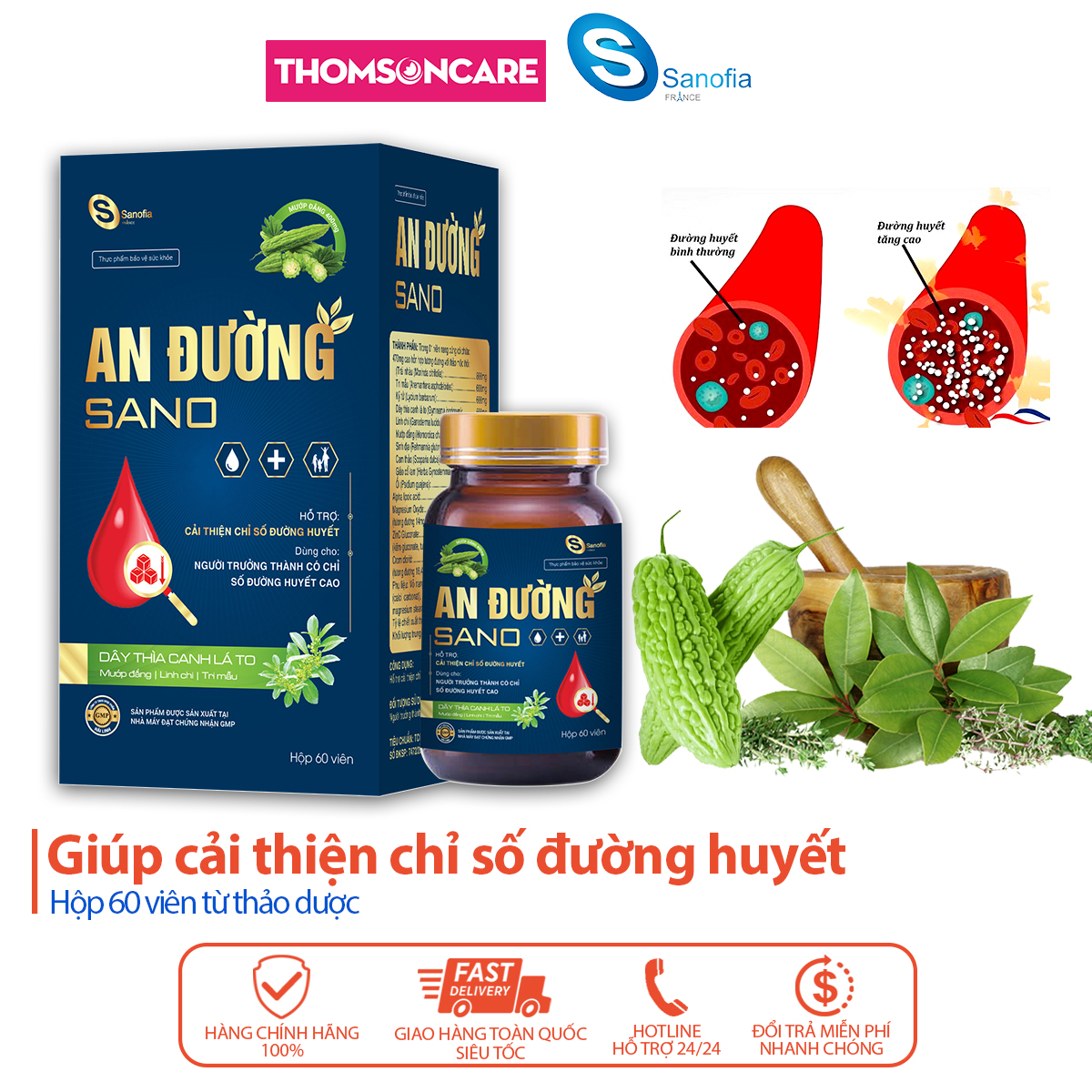 Ổn định đường huyết An Đường Sano - Giúp cải thiện chỉ số đường huyết từ Dây thìa canh, mướp đắng - Hộp 60 viên - Thomsoncare