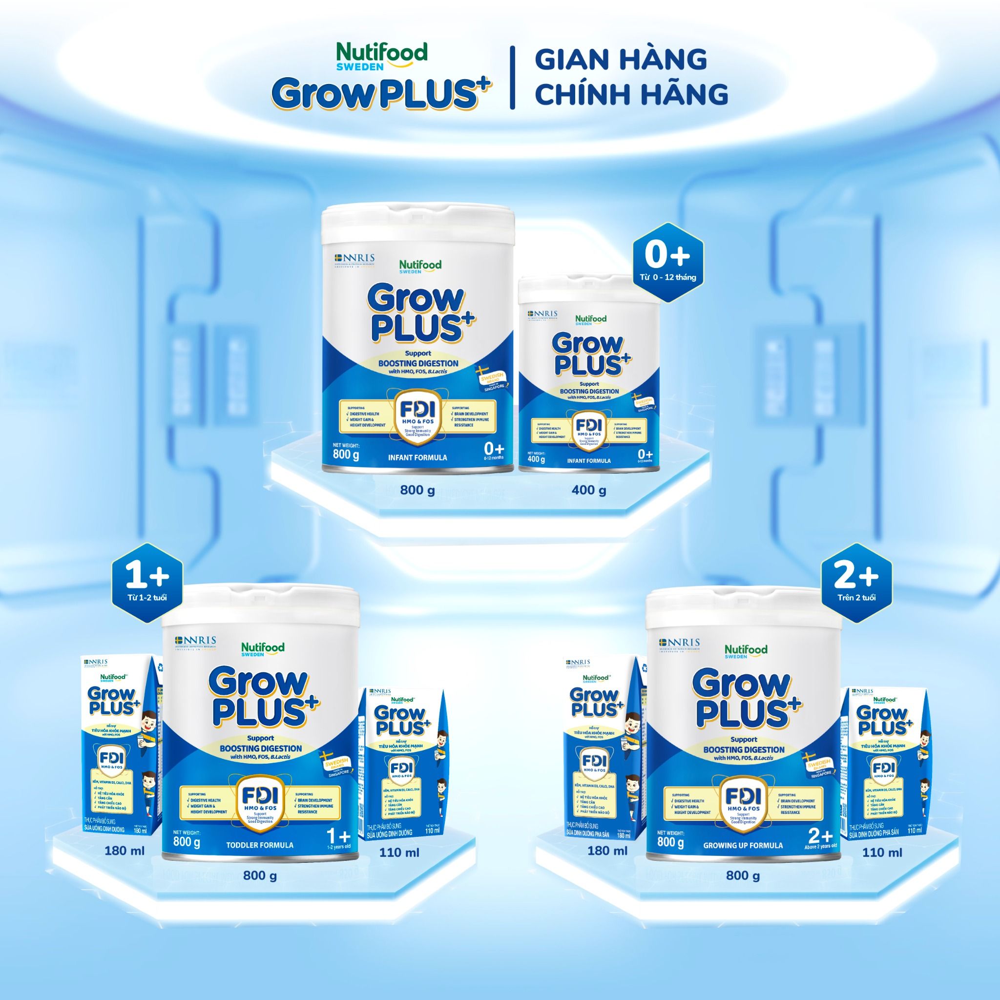 Sữa bột Nutifood Sweden GrowPLUS+ Tiêu Hóa (Xanh Nhạt) 0+ - Tiêu hóa khỏe, tăng cân (Lon 800g)