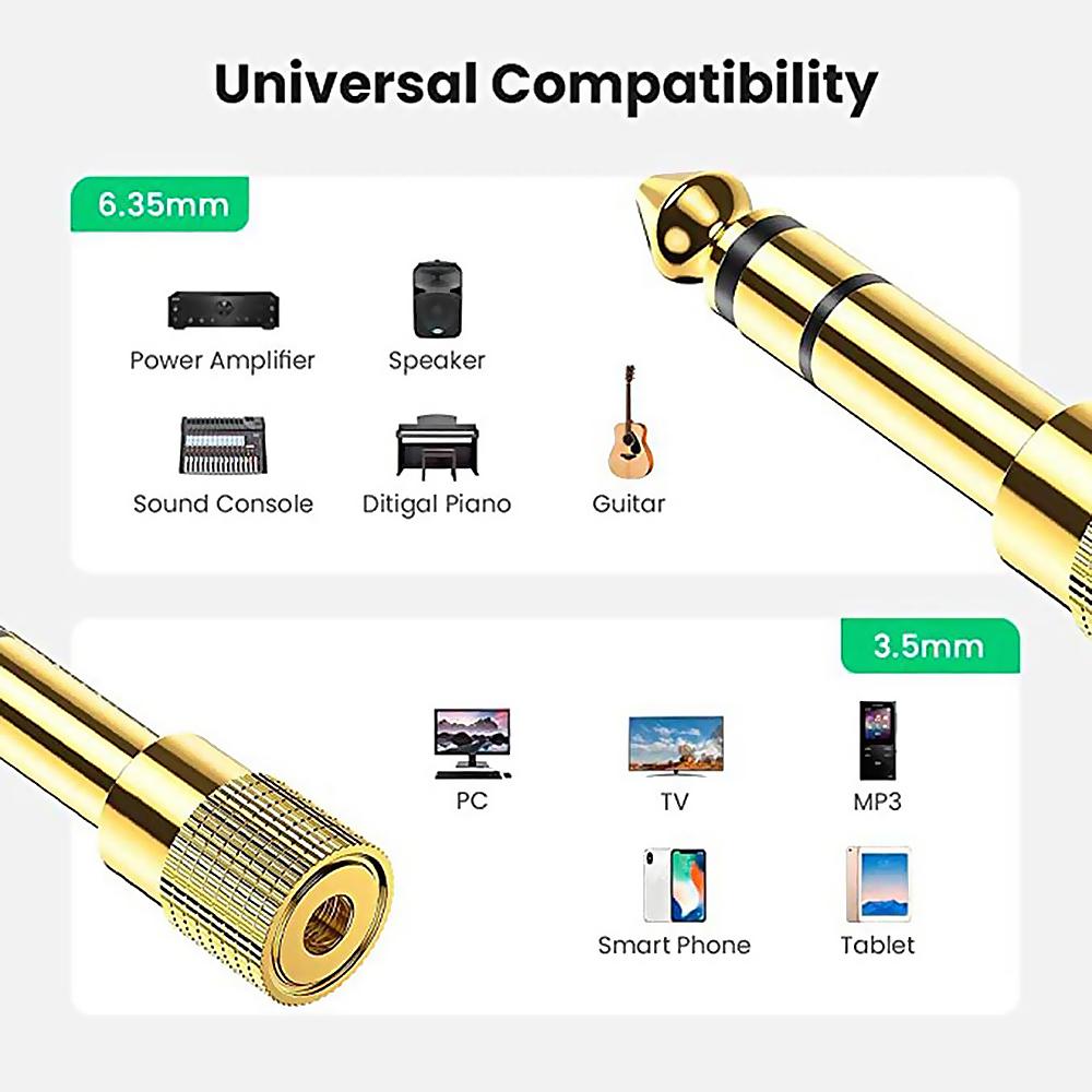 Audio Adapter Jack 6.5/6.35mm Male Plug to 3.5mm Female Connector for Amplifier Microphone AUX Converter Gold