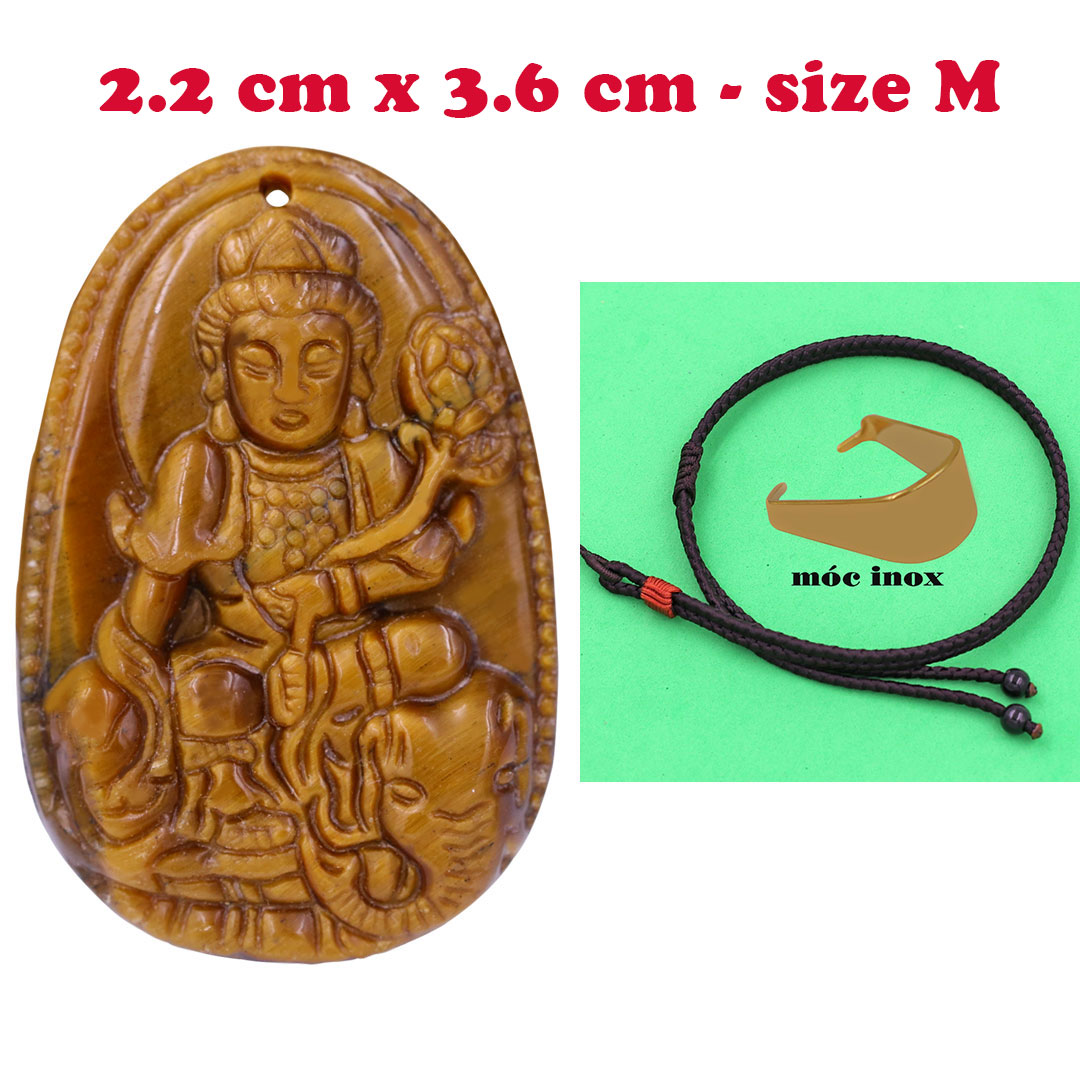 Mặt Phật Phổ hiền đá mắt hổ 3.6 cm kèm vòng cổ dây dù nâu - mặt dây chuyền size M, Mặt Phật bản mệnh