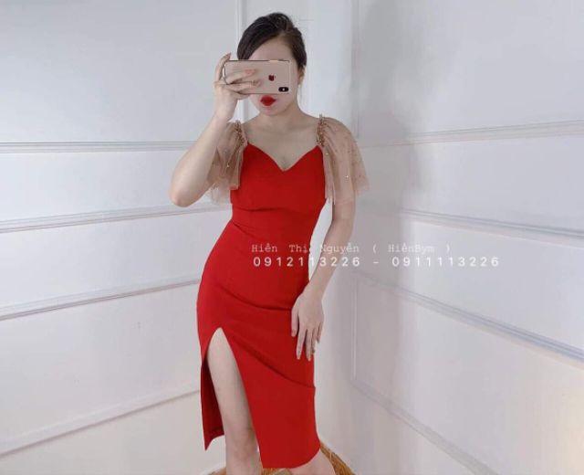 Đầm body xẻ đùi tay phối lưới ngọc