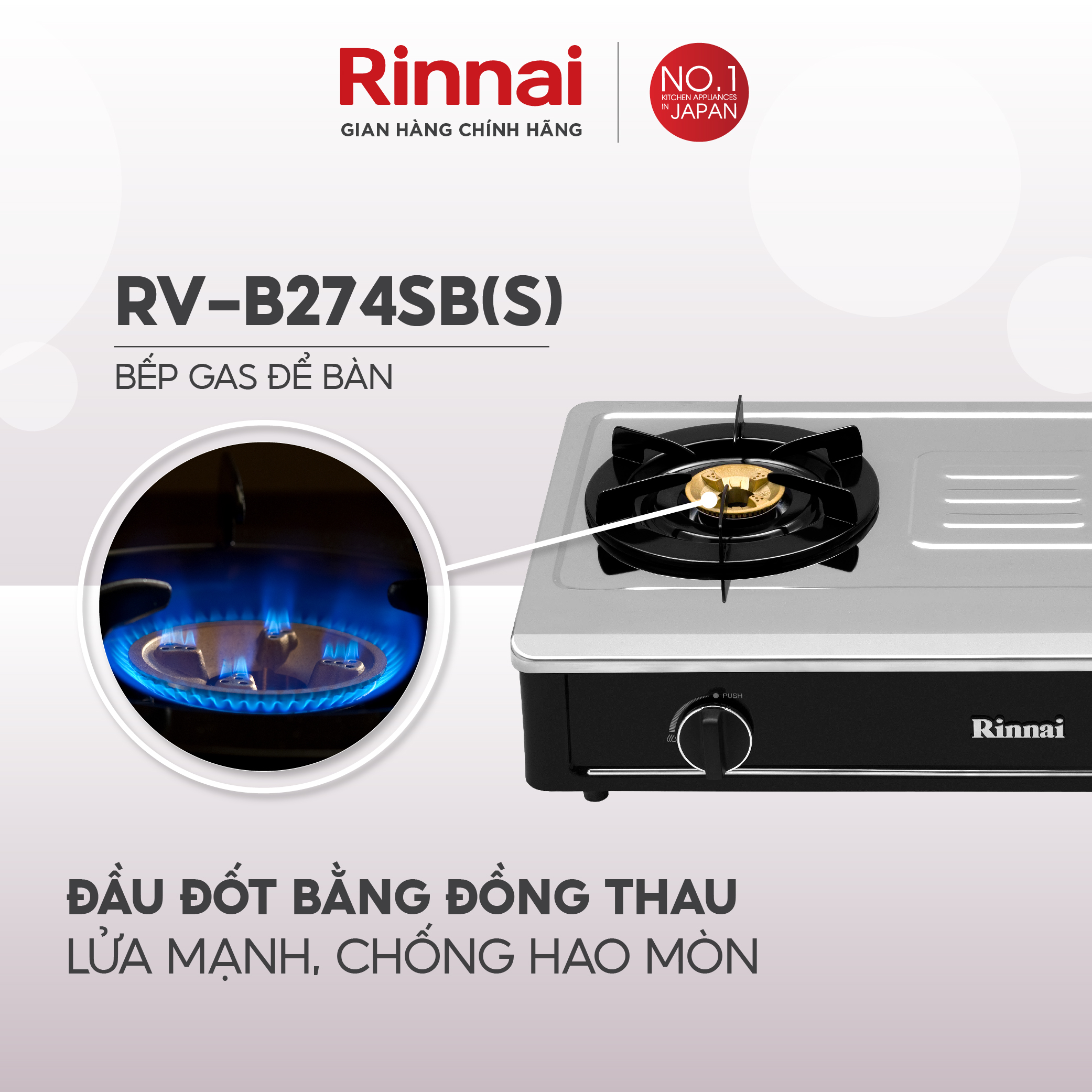 Bếp gas dương Rinnai RV-B274SB(S) mặt bếp inox và kiềng bếp men - Hàng chính hãng.