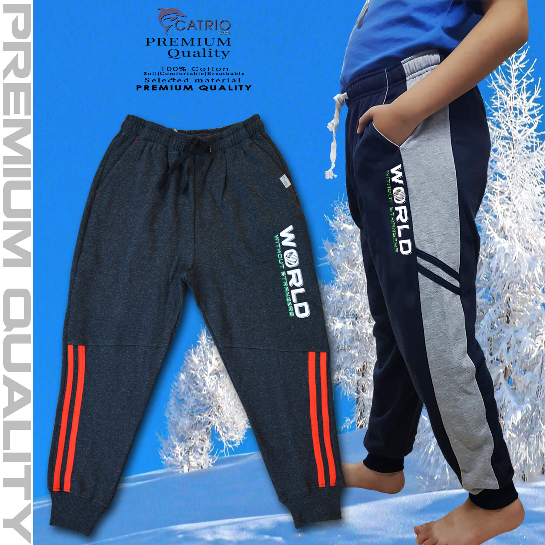Quần dài bé trai vải 100% cotton in WORLD màu LÔNG CHUỘT là quần nỉ trẻ em CATRIO từ 9 tuổi đến 18 tuổi phù hợp thời tiết se lạnh mùa thu đông với kiểu dáng thể thao tuyệt đẹp